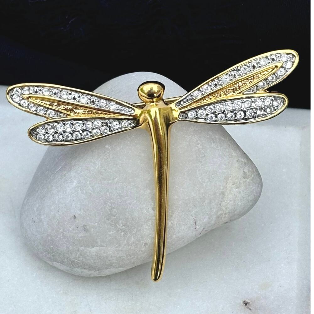 Vintage Gold Tone Rhinestone Dragonfly Brooch Pin